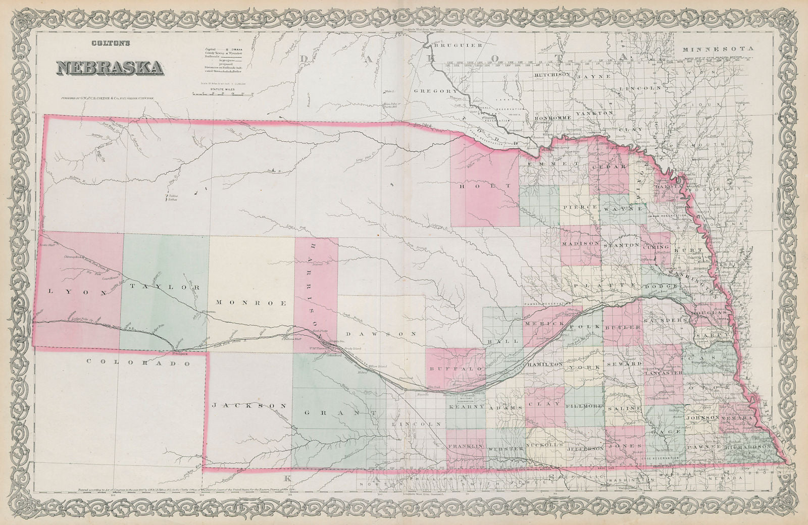Colton's Nebraska. Decorative antique US state map 1869 old chart